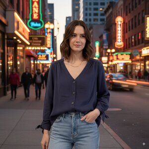 The Good Jane Autumn Blues Noelle Navy Top Blouse Size Small NWT